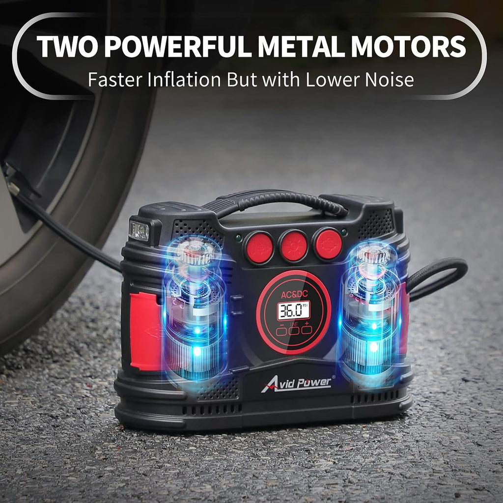 AC/DC Tire Inflator Portable Air Compressor with Dual Motors Digital Gauge LED Light Pack of 2 V5764