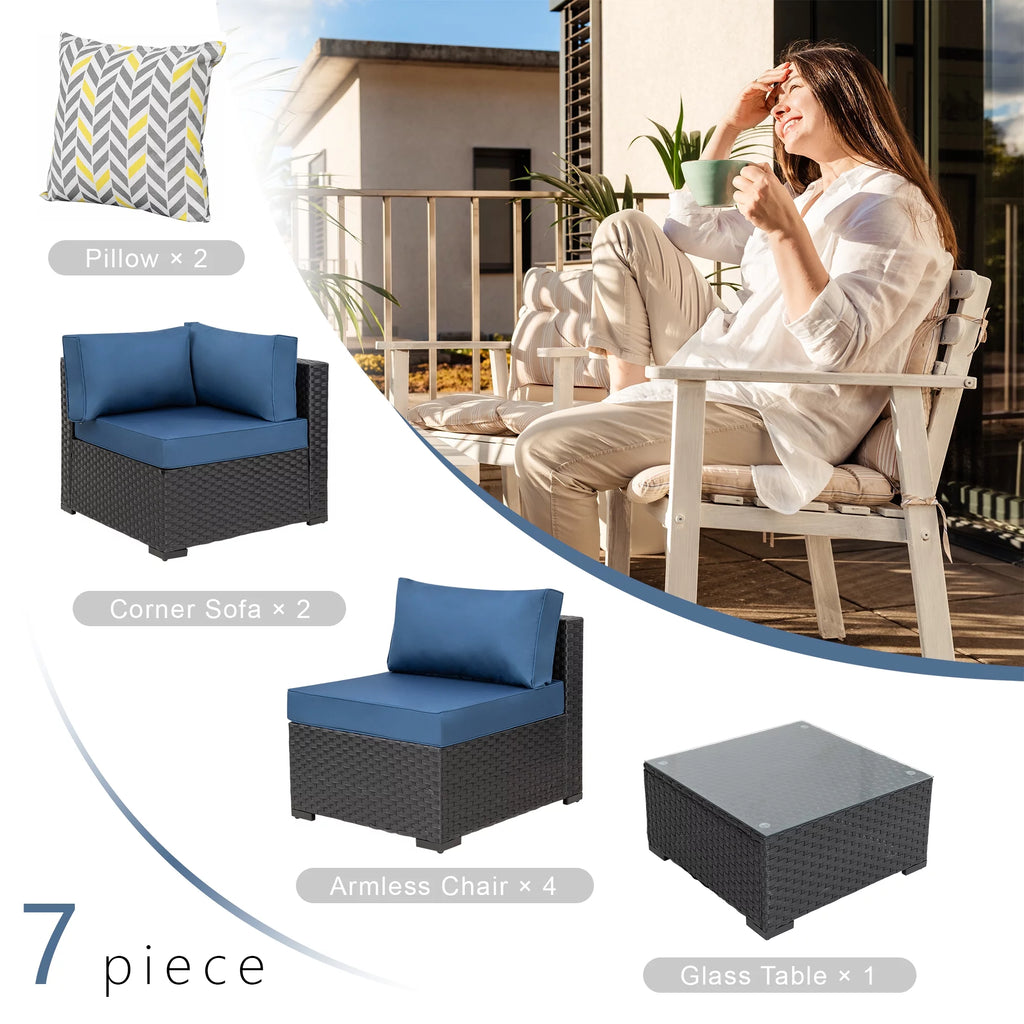7 Pieces Black Wicker Outdoor Sectional Sofa Set with Tea Table and Cushions A456