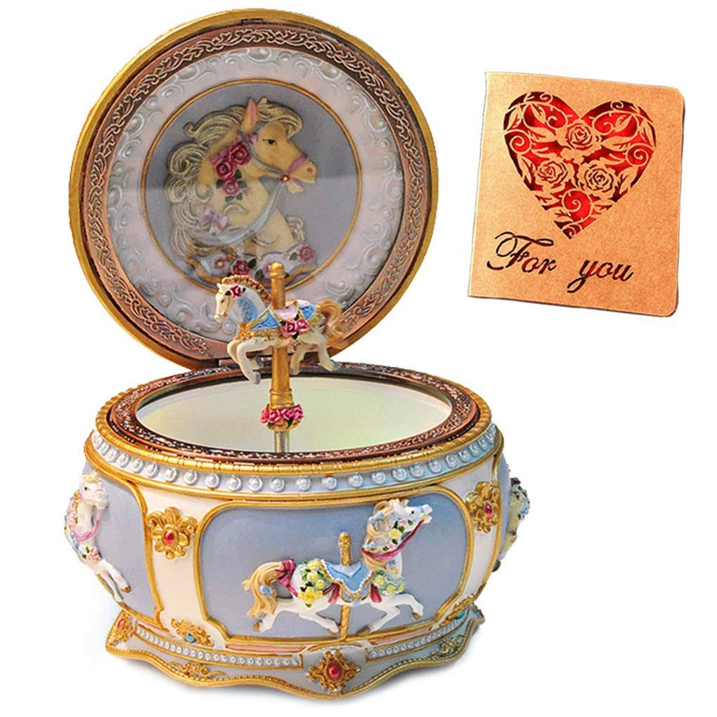 Classical Carousel Horse Music Box with LED Lights Resin Carved Mechanical Musical Box L1573