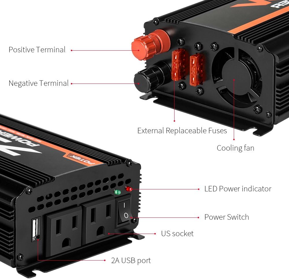 750W Car Power Inverter DC 12V to AC 110V Dual AC Ports 2A USB Ports Pack of 2 M406476