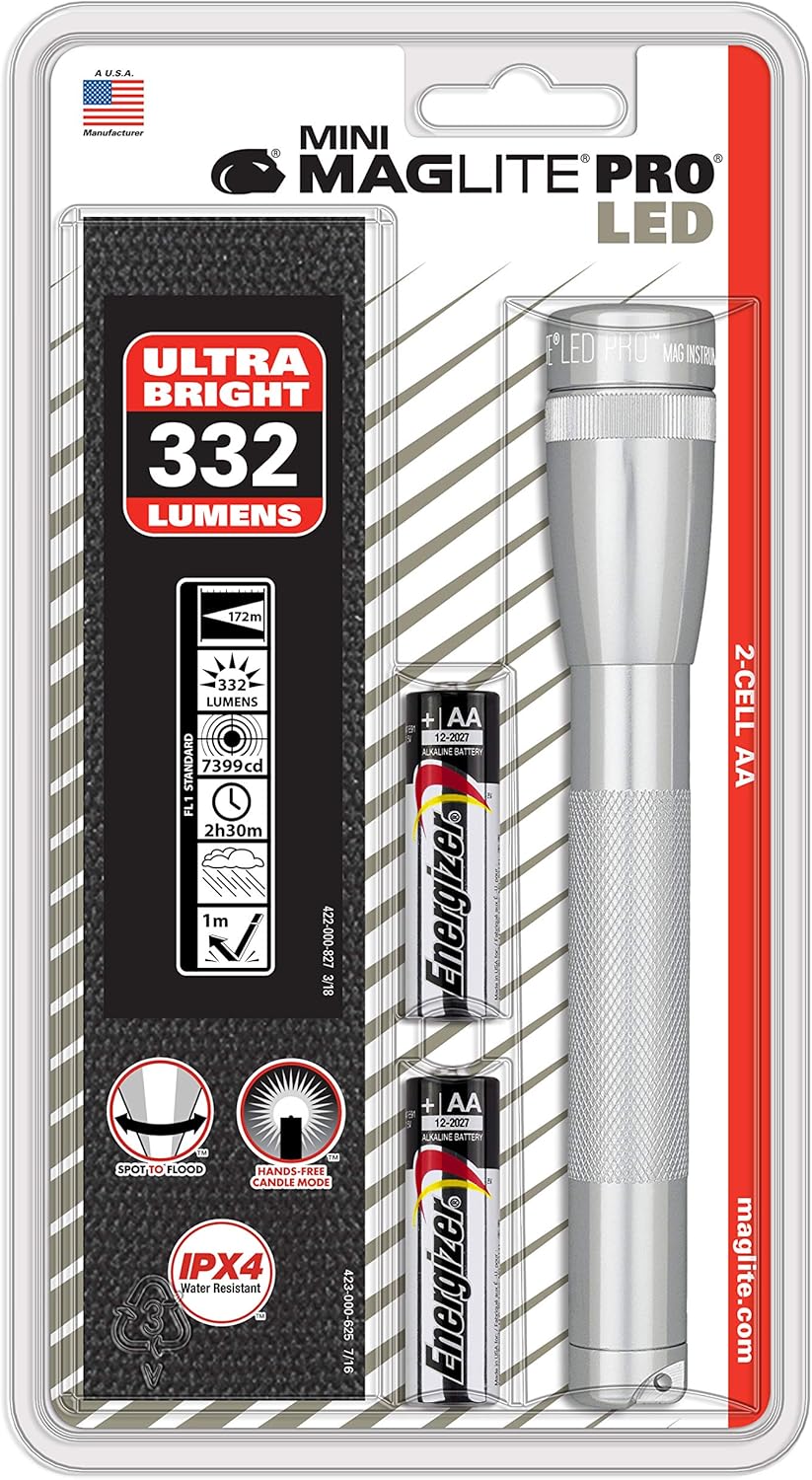 Silver Mini Mag AA Pro LED Flashlight 332 Lumens Z3805