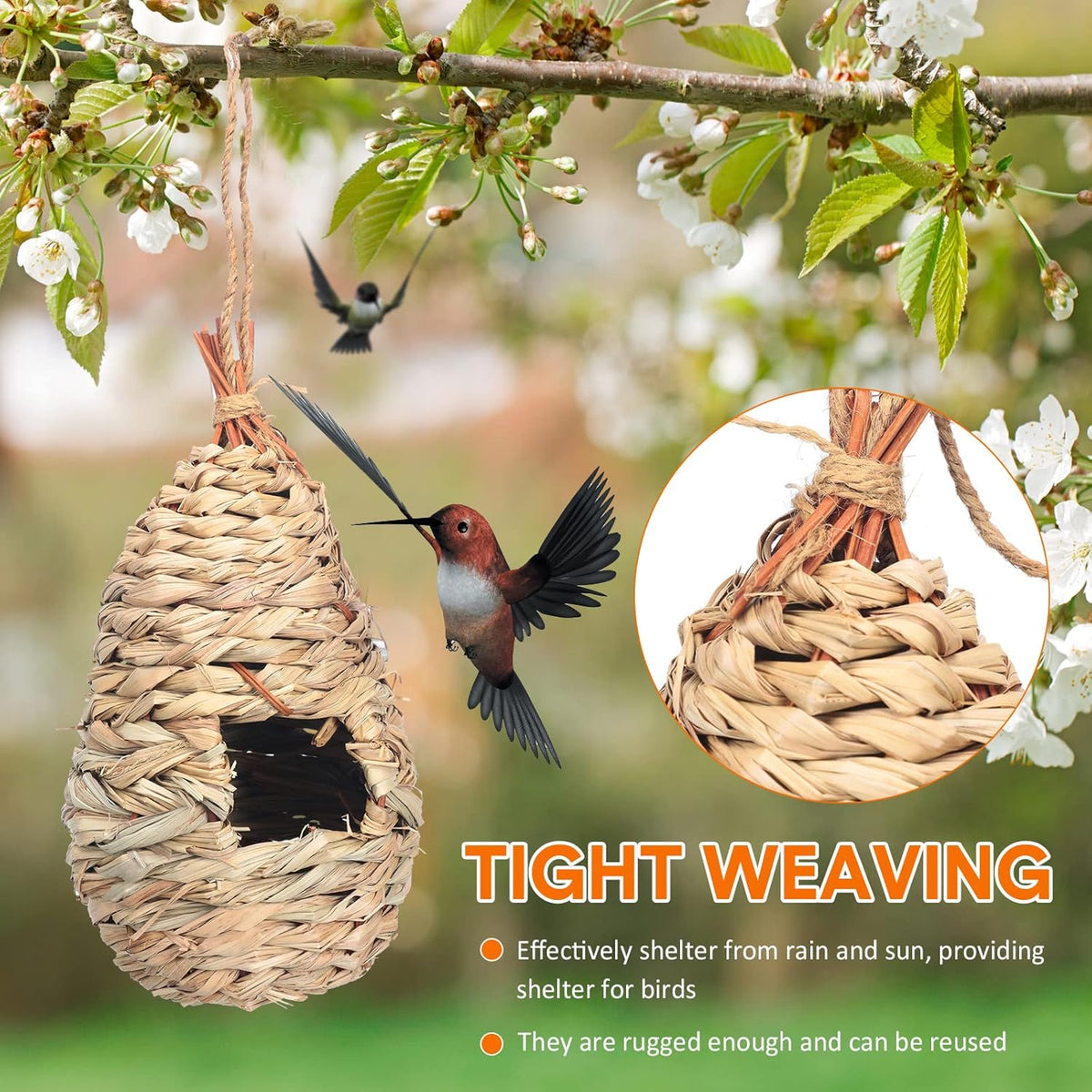 8 Pack 9.45 x 4.33 Inch Hand Woven Natural Fiber Hummingbird Nest Houses Y264