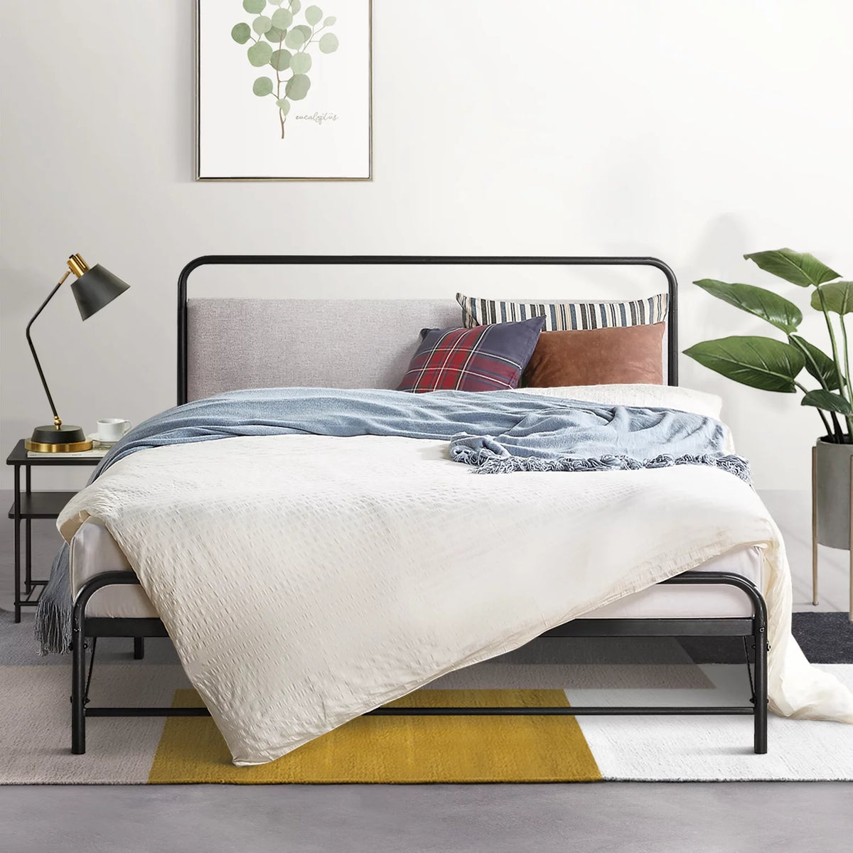 Queen Metal Platform Bed with Fabric Headboard E503232