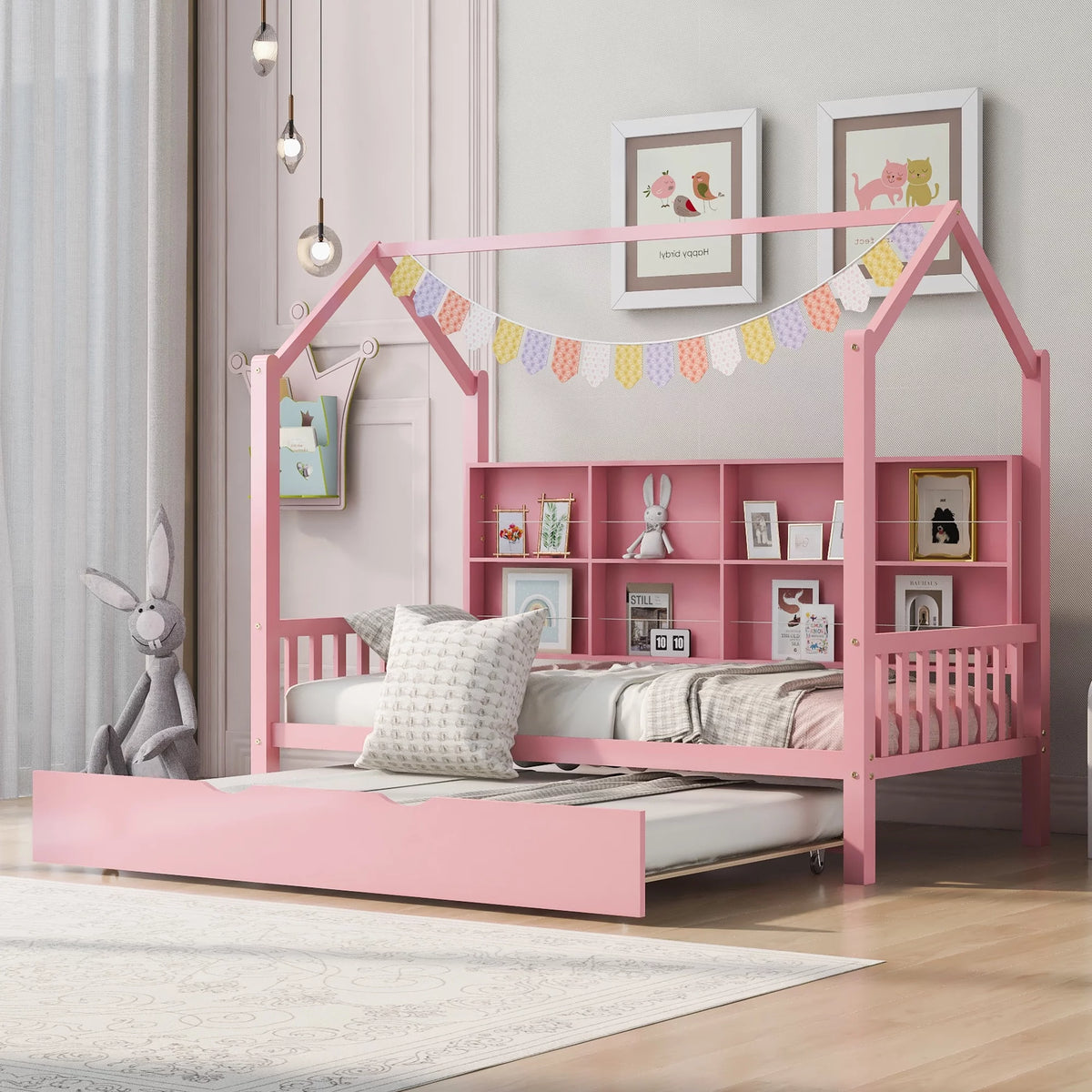 Wooden Twin Size House Bed with Trundle and Shelf U769