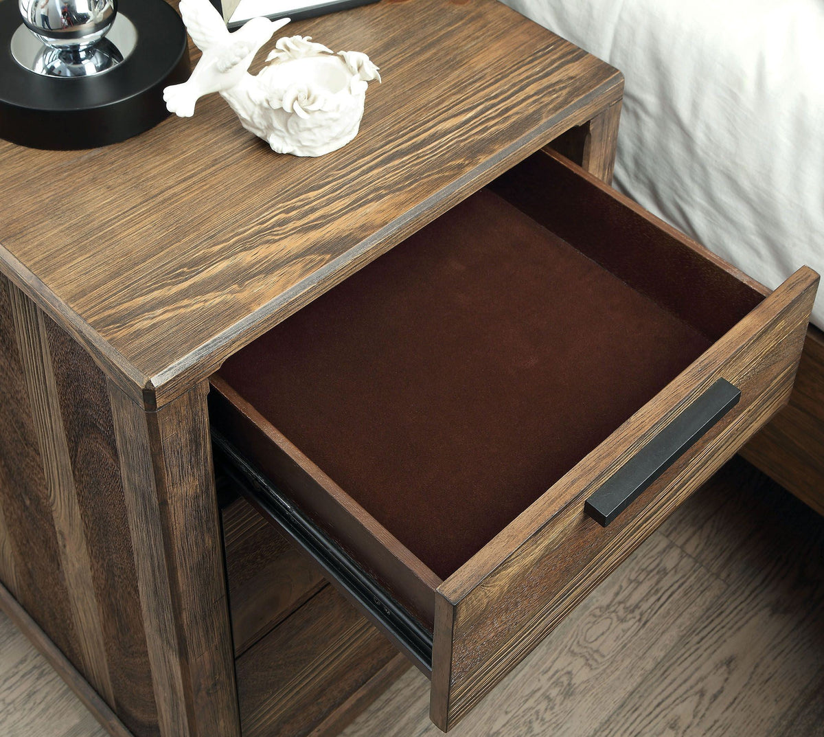 1pc Solid Wood Nightstand with Felt Lined Drawers M9560