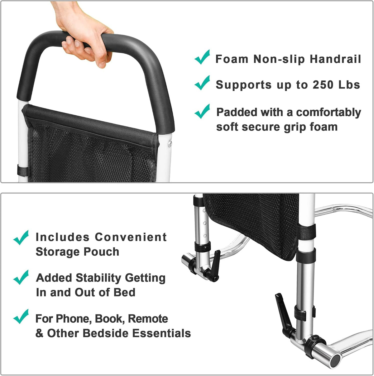 Bed Assist Rail with Fall Prevention Guard, Adjustable Height, Storage Pocket & Tablet Phone Holder, Pack of 2 B596965