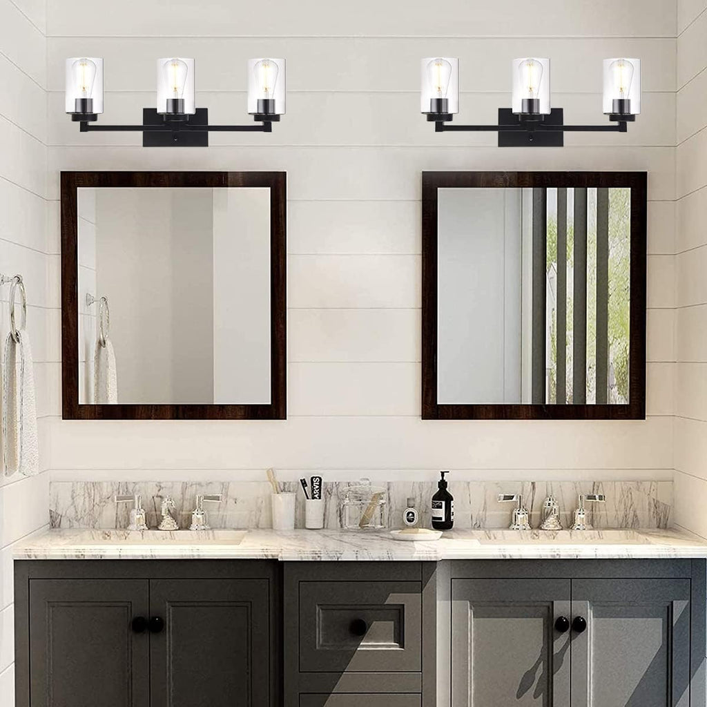 4 Light Matte Black Bathroom Light Fixtures 31.1 Inches Vanity Lighting with Glass Shade J533838