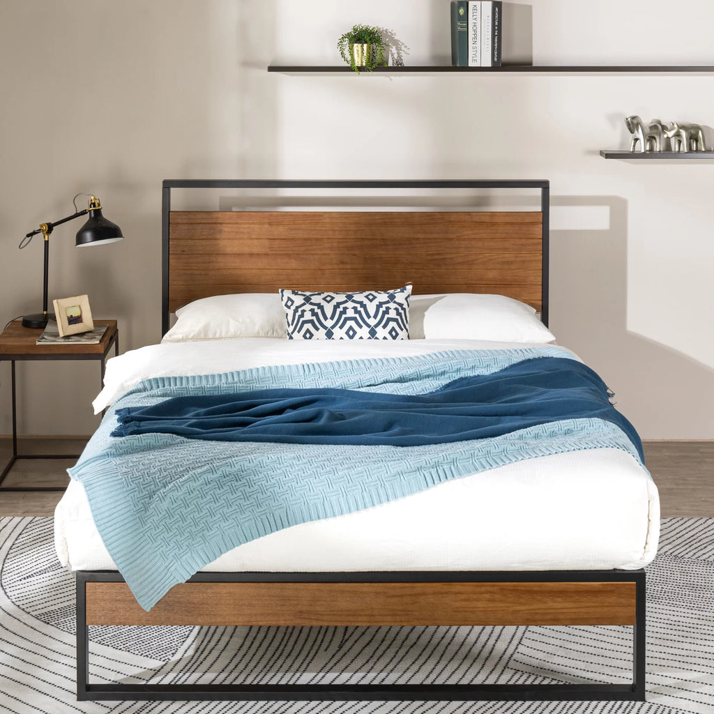 Metal and Wood Platform Bed Frame with Headboard, Chestnut Brown, Full W75770