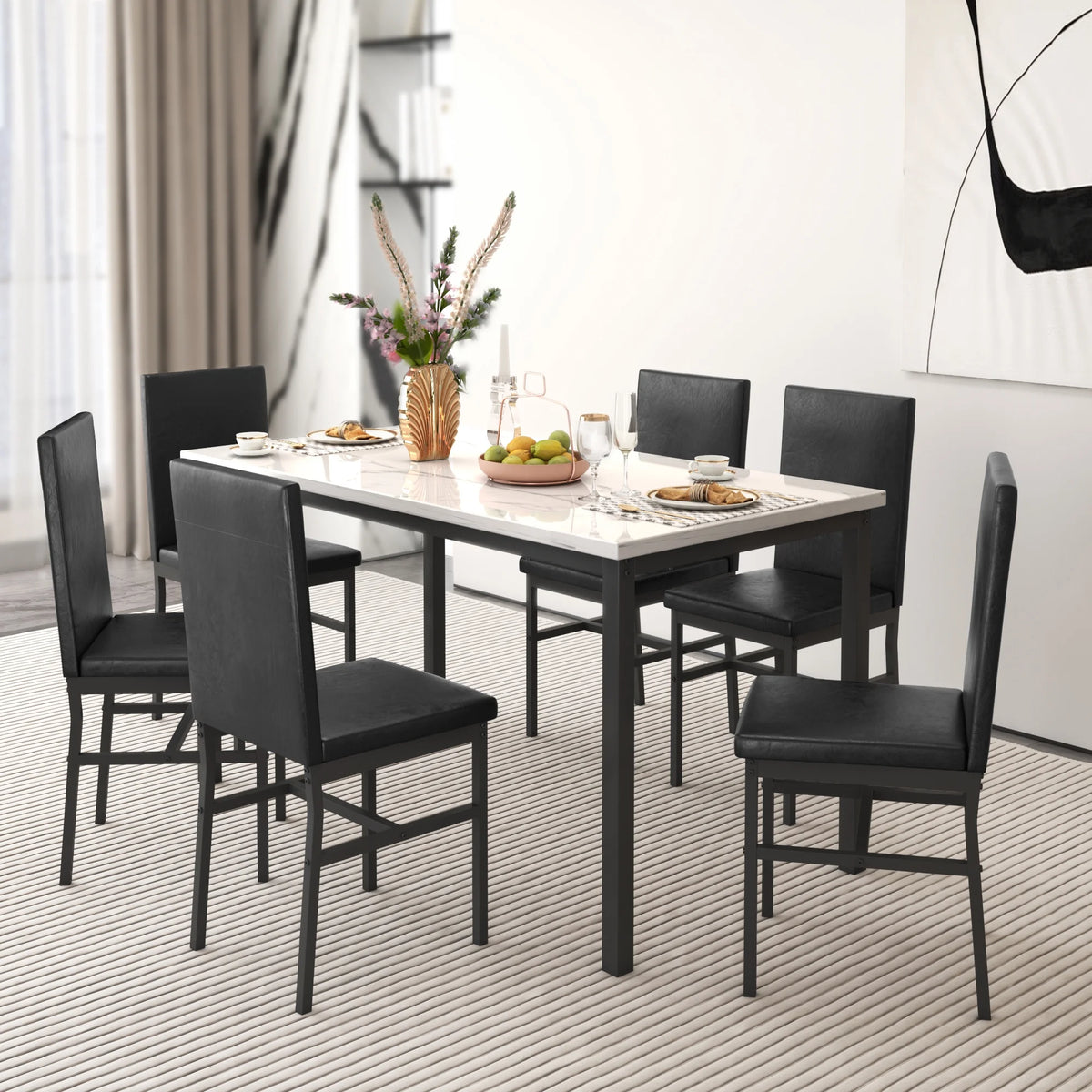 7 Piece Marble Dining Table and 4 PU Leather Upholstered Chairs Set C29671