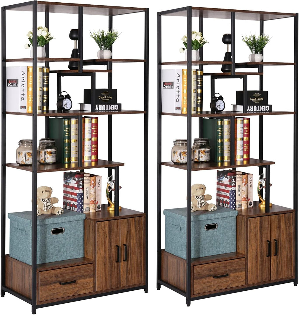 Brown Black Set of 2 Metal Frame Wood Shelf Bookcase Y9456