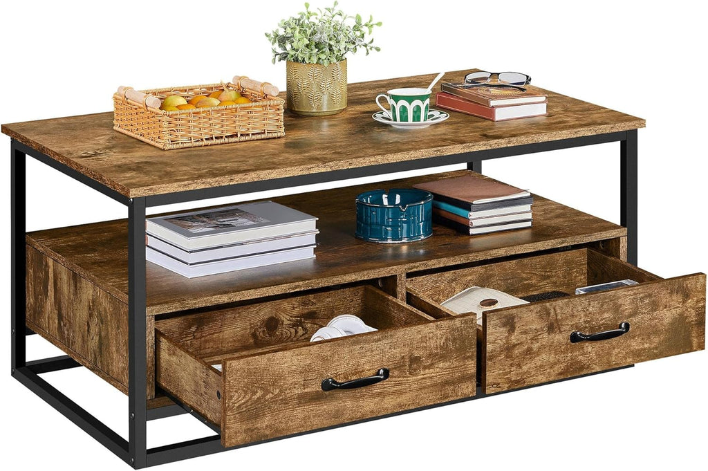 Farmhouse Coffee Table with Open Storage Shelves and 2 Drawers, Metal Frame, Rustic Brown Y3025