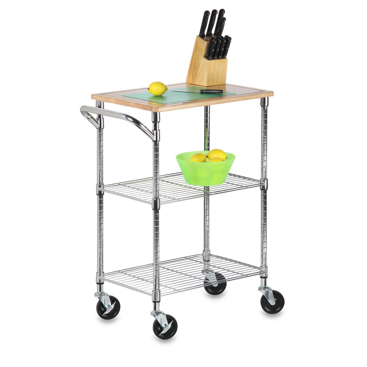 Steel and Wood 2-Tier Rolling Kitchen Storage Cart with Cutting Board Top M36602