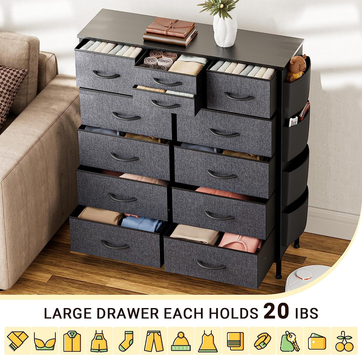 Black 10 Drawer Fabric Dresser B324
