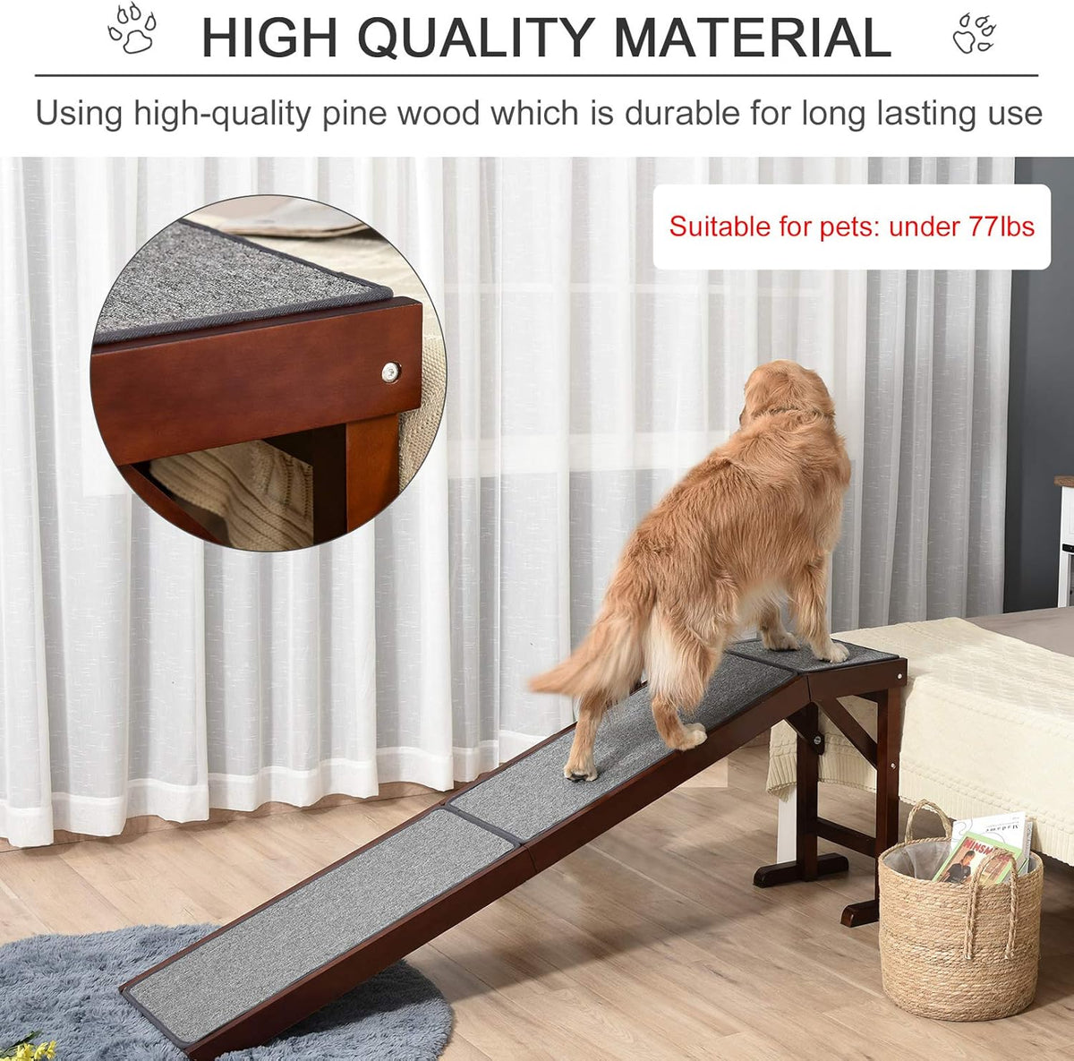 Non-Slip Carpet Top Pine Wood Pet Ramp, Brown Grey V8360