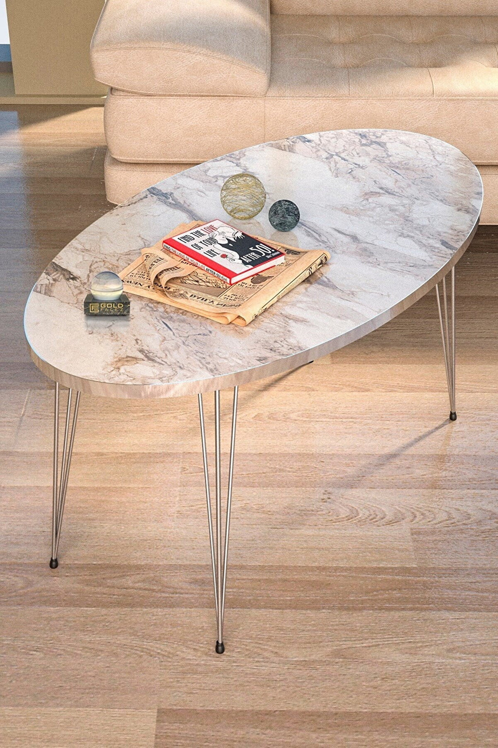 White Marble Print Oval Coffee Table with 3-Rod Metal Legs D5506