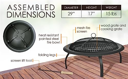 Black 22" Portable Folding Steel Wood Burning Fire Pit with Carrying Bag K850665
