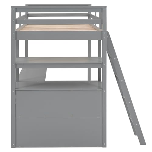 Twin Size White Solid Wood Loft Bed with Wardrobe, Desk and Shelves H96256