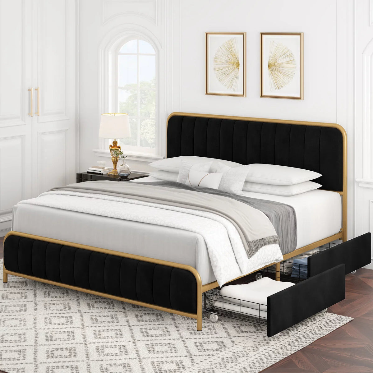 Queen Size Beige Upholstered Platform Bed with 4 Storage Drawers G163284