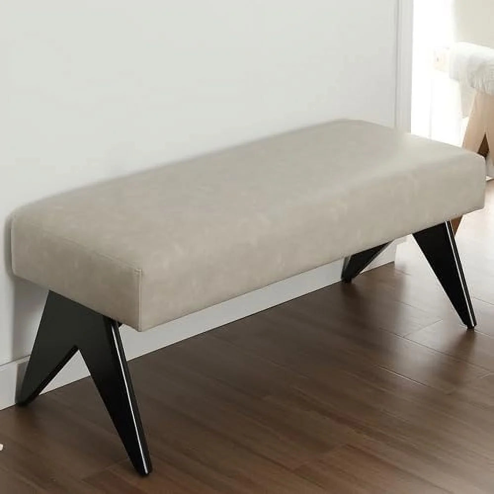 White Upholstered Ottoman Bench with Wood Legs B812934