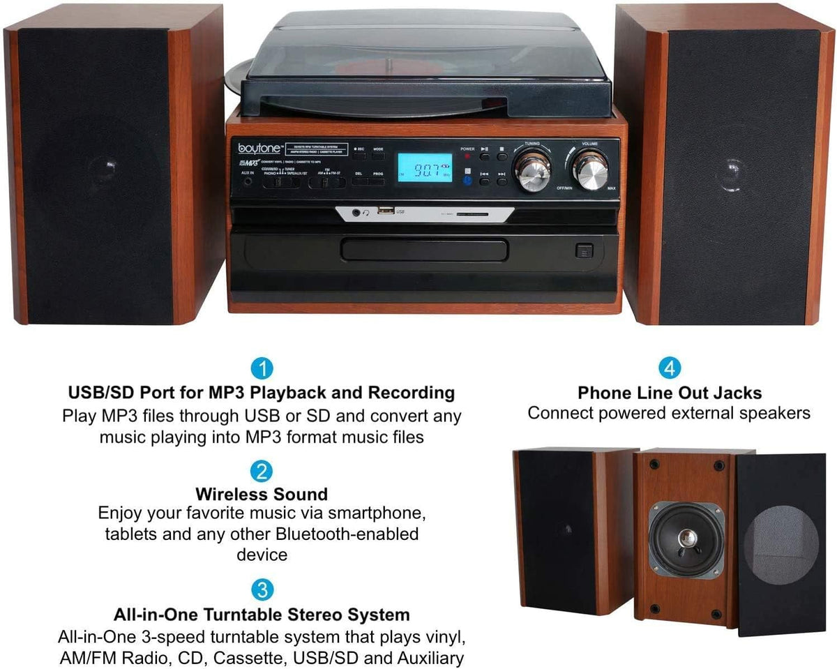 Bluetooth Record Player Turntable with AM/FM Radio, CD/Cassette Player, 2 Stereo Speakers W1170