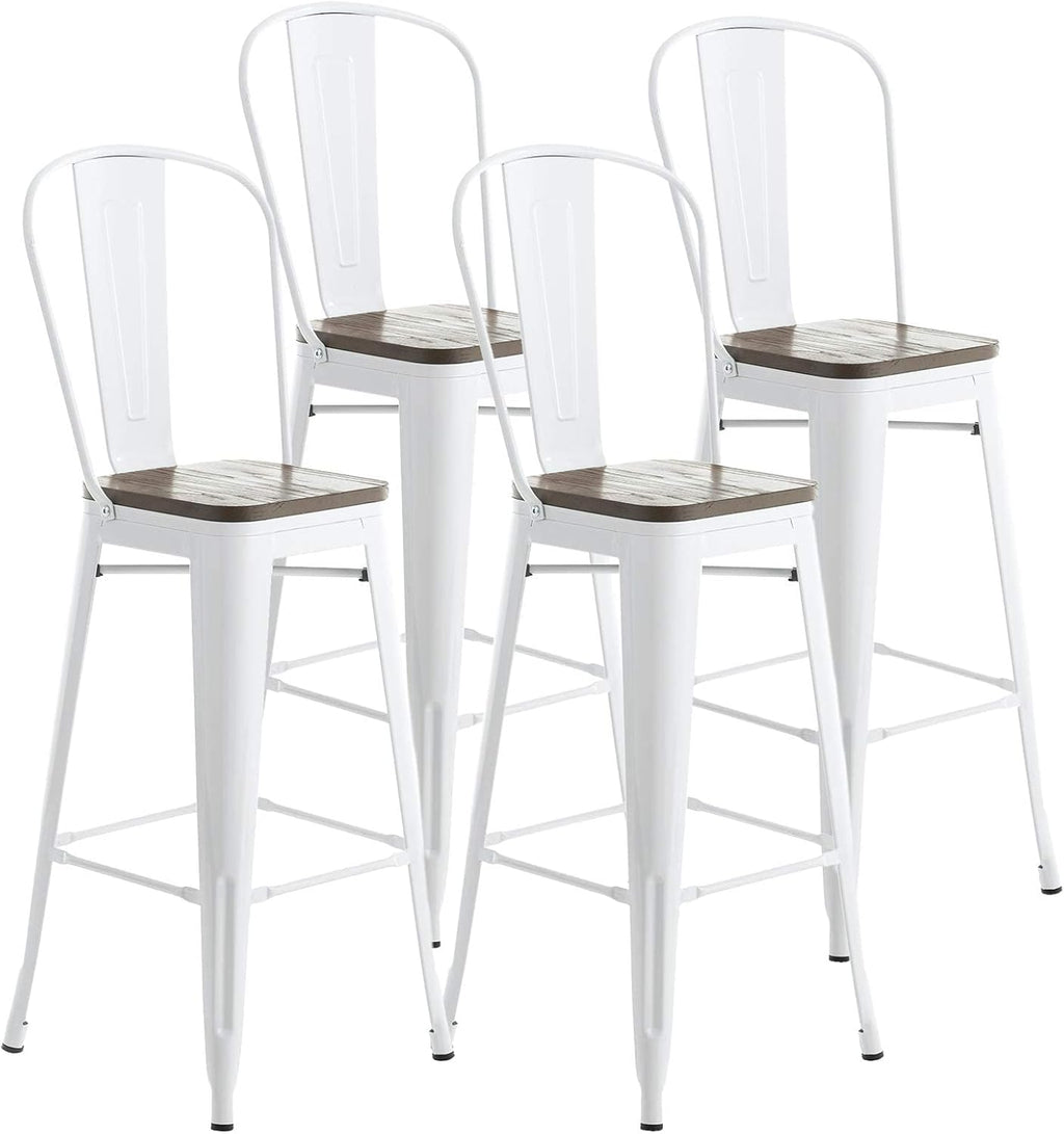 30” Metal Bar Stools Set of 4, High Back Wooden Seat, Stackable White X8950