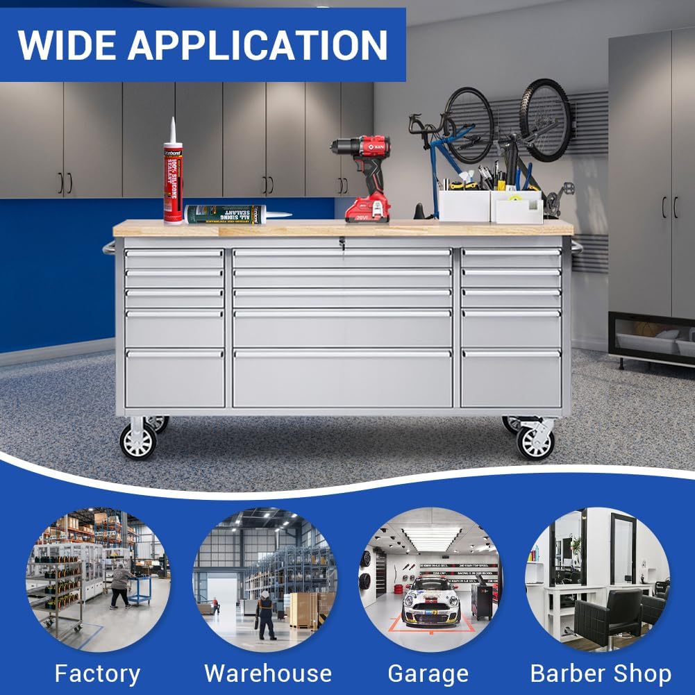 15 Drawer Stainless Steel Rolling Tool Chest with Wheels and Wood Top D8216