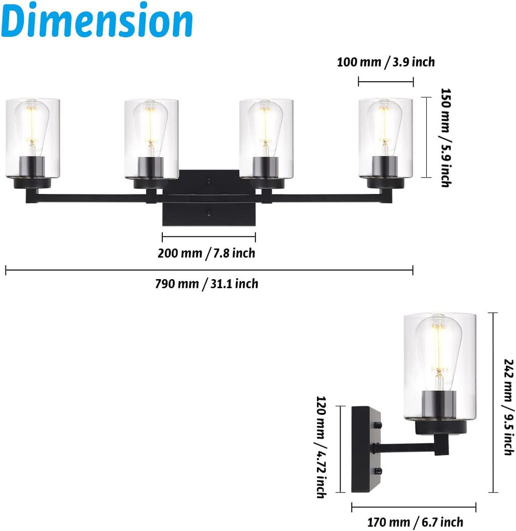 4 Light Matte Black Bathroom Light Fixtures 31.1 Inches Vanity Lighting with Glass Shade J533838