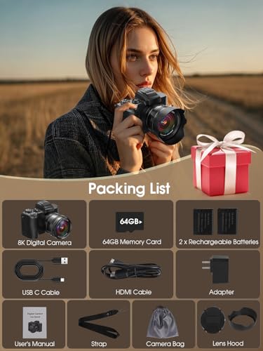 88MP Digital Camera with WiFi, Touch Screen, 16X Zoom, Autofocus, Anti-Shake, Dual Camera, 2 Batteries, 64GB Card, Flash, Lens Hood W55713