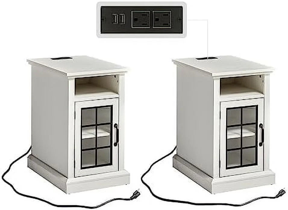 Distressed White End Table with Glass Door O11835