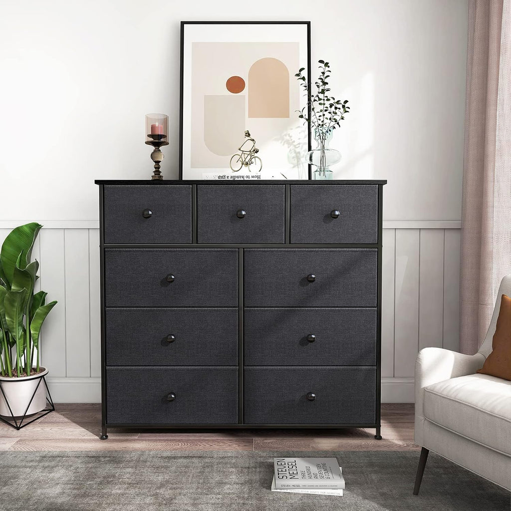Black Grey 9 Drawer Steel Frame Wooden Top Dresser Z3271