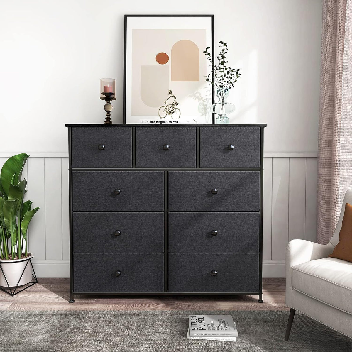 Black Grey 9 Drawer Steel Frame Wooden Top Dresser Z3271