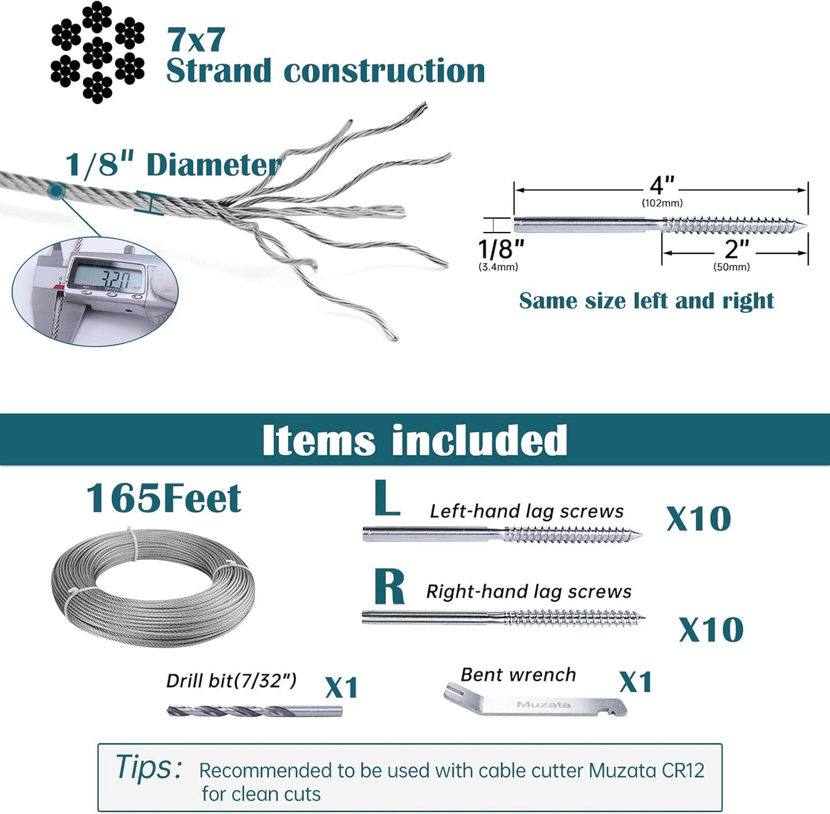 20 Pack 1/8 Swage Lag Screw Cable Railing Hardware Kit with 165 Feet Stainless Steel Wire Rope M68796