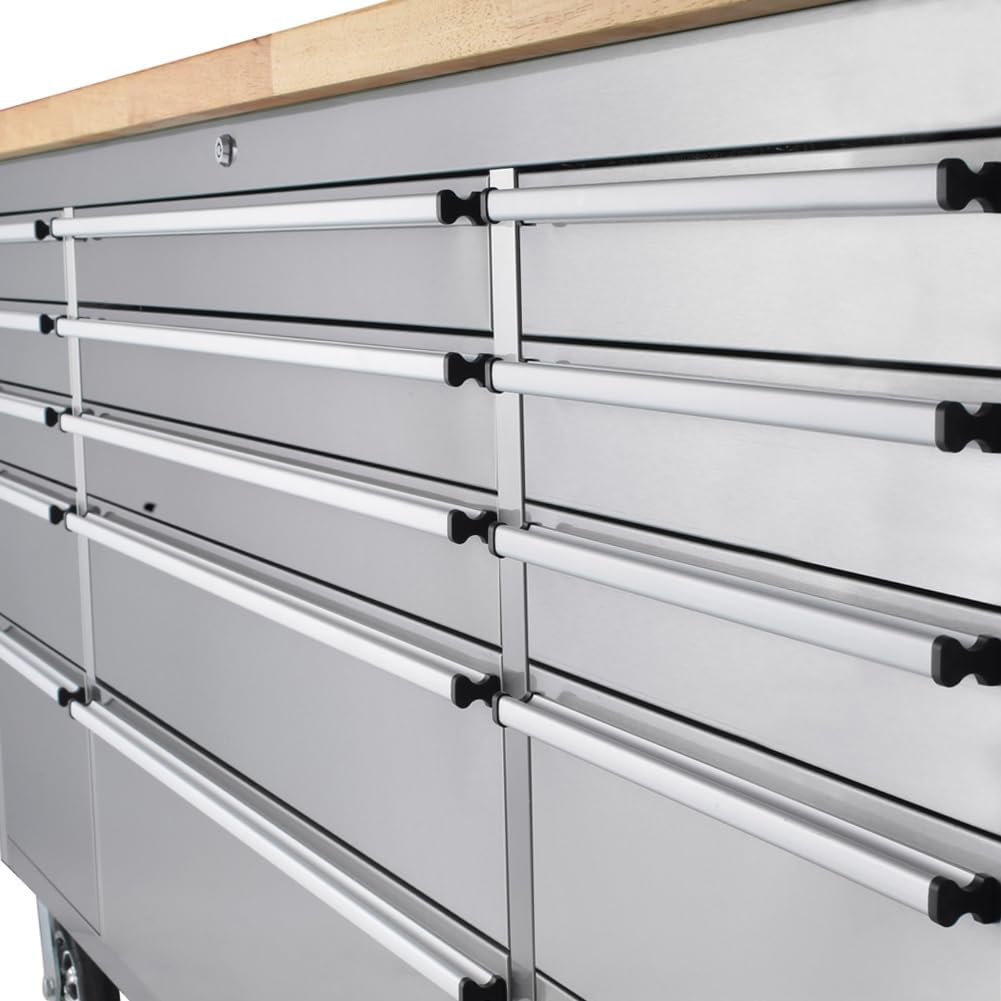 15 Drawer Stainless Steel Rolling Tool Chest with Wheels and Wood Top D8216