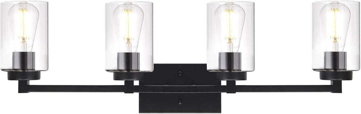 4 Light Matte Black Bathroom Light Fixtures 31.1 Inches Vanity Lighting with Glass Shade J533838
