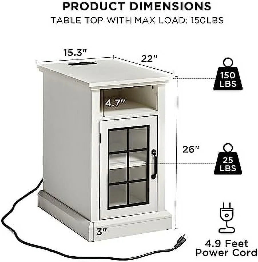 Distressed White End Table with Glass Door O11835