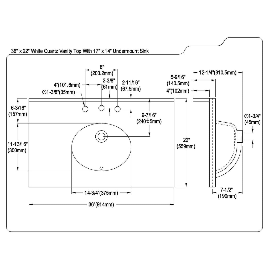 White Quartz 36-Inch Vanity Top with Undermount Sink H9512