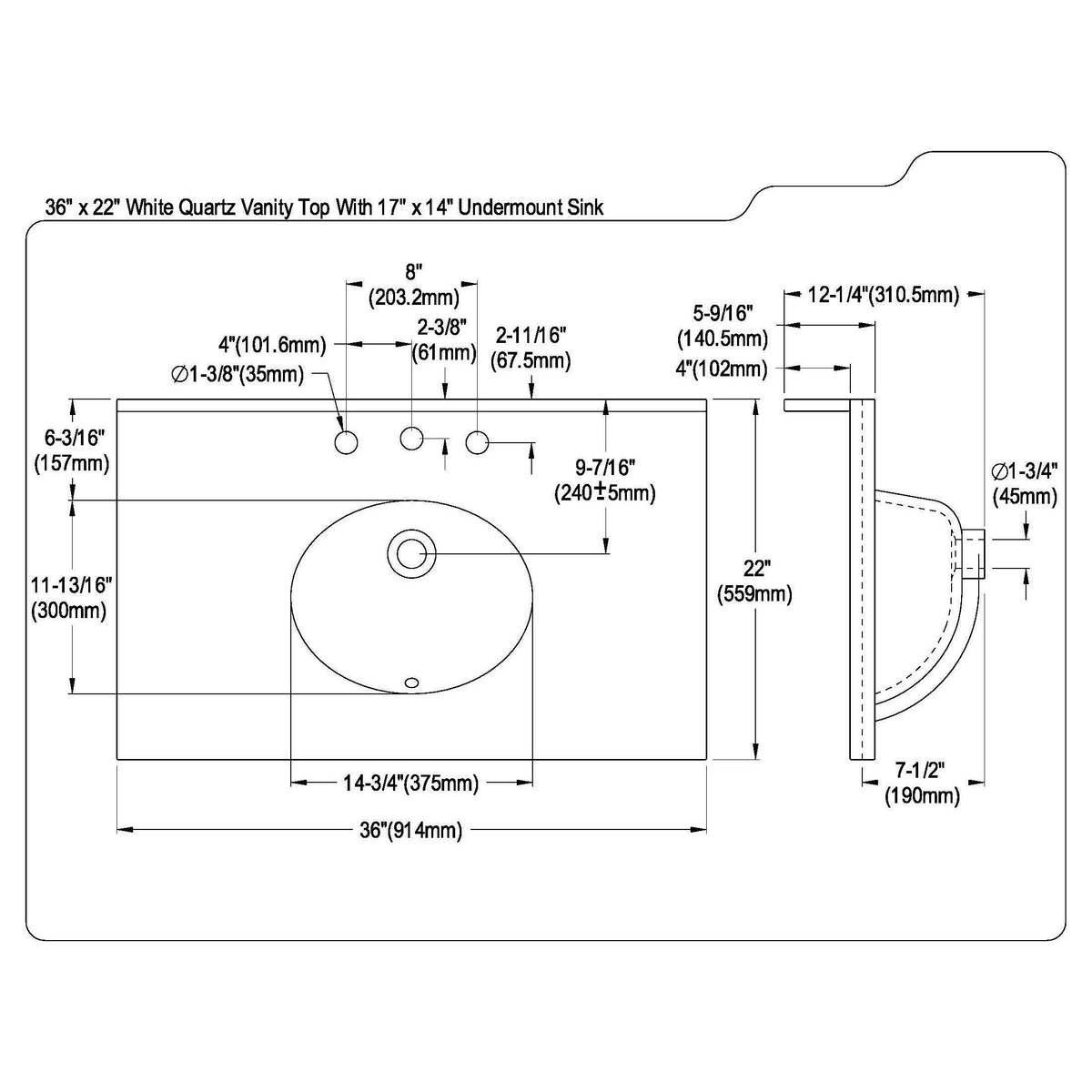 White Quartz 36-Inch Vanity Top with Undermount Sink H9512