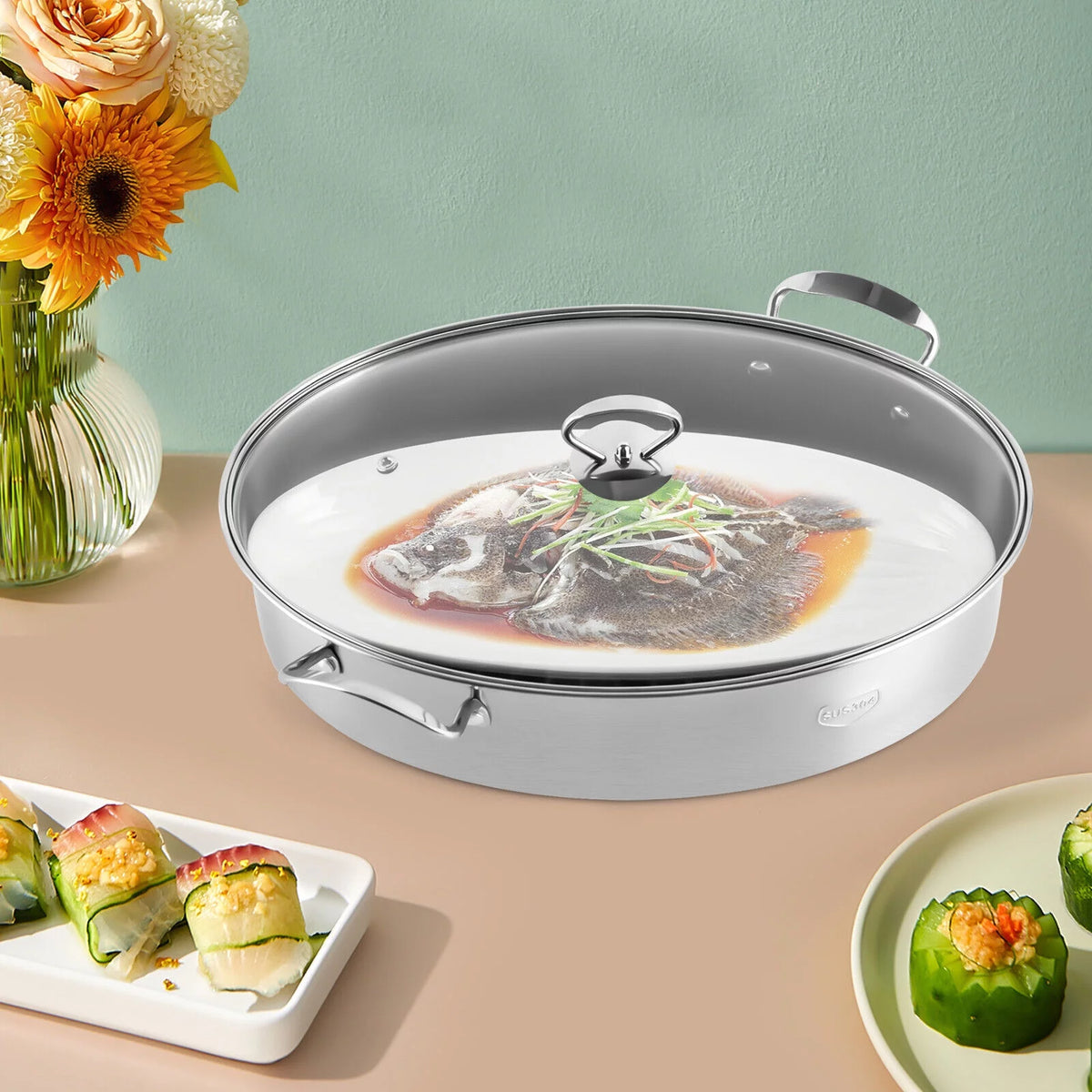 Stainless Steel Oval Fish Steaming Pot with Glass Lid Cookware N8904
