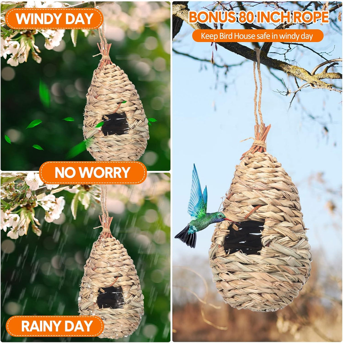 8 Pack 9.45 x 4.33 Inch Hand Woven Natural Fiber Hummingbird Nest Houses Y264