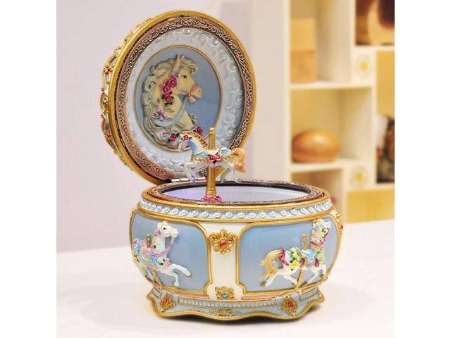 Classical Carousel Horse Music Box with LED Lights Resin Carved Mechanical Musical Box L1573