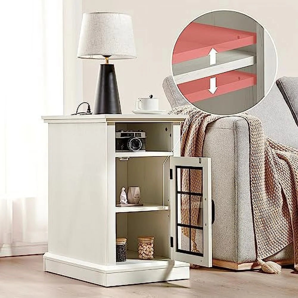 Distressed White End Table with Glass Door O11835