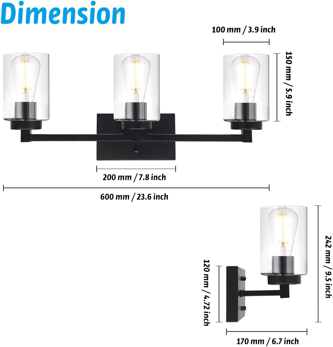 4 Light Matte Black Bathroom Light Fixtures 31.1 Inches Vanity Lighting with Glass Shade J533838