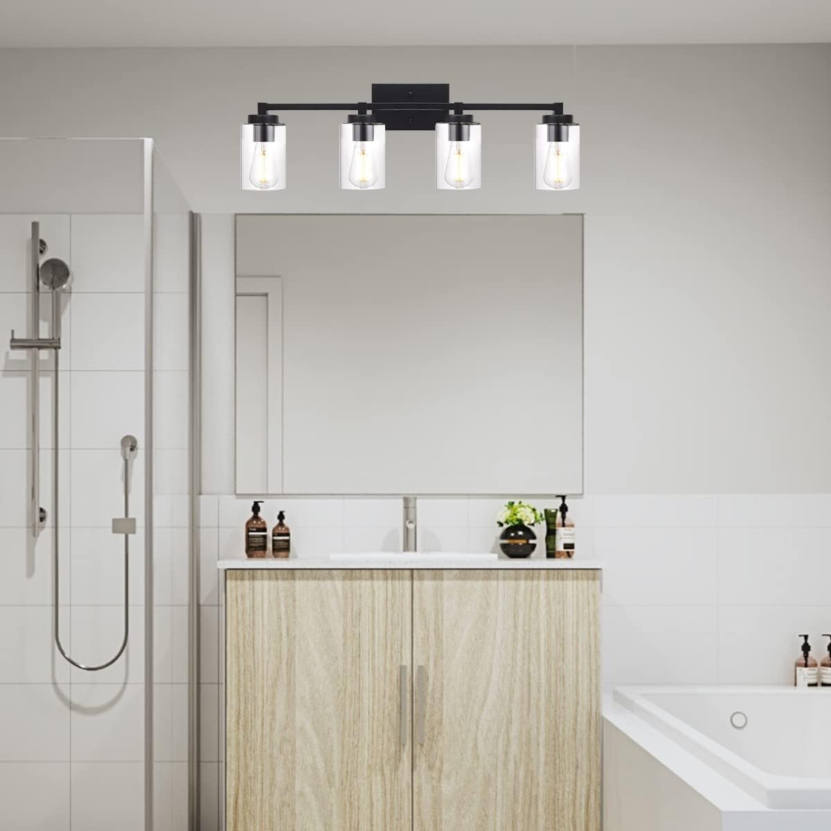 4 Light Matte Black Bathroom Light Fixtures 31.1 Inches Vanity Lighting with Glass Shade J533838