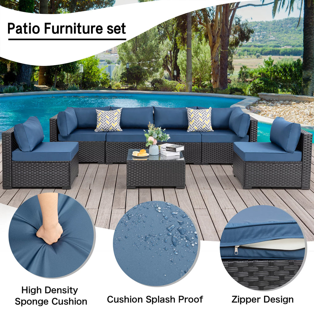 7 Pieces Black Wicker Outdoor Sectional Sofa Set with Tea Table and Cushions A456