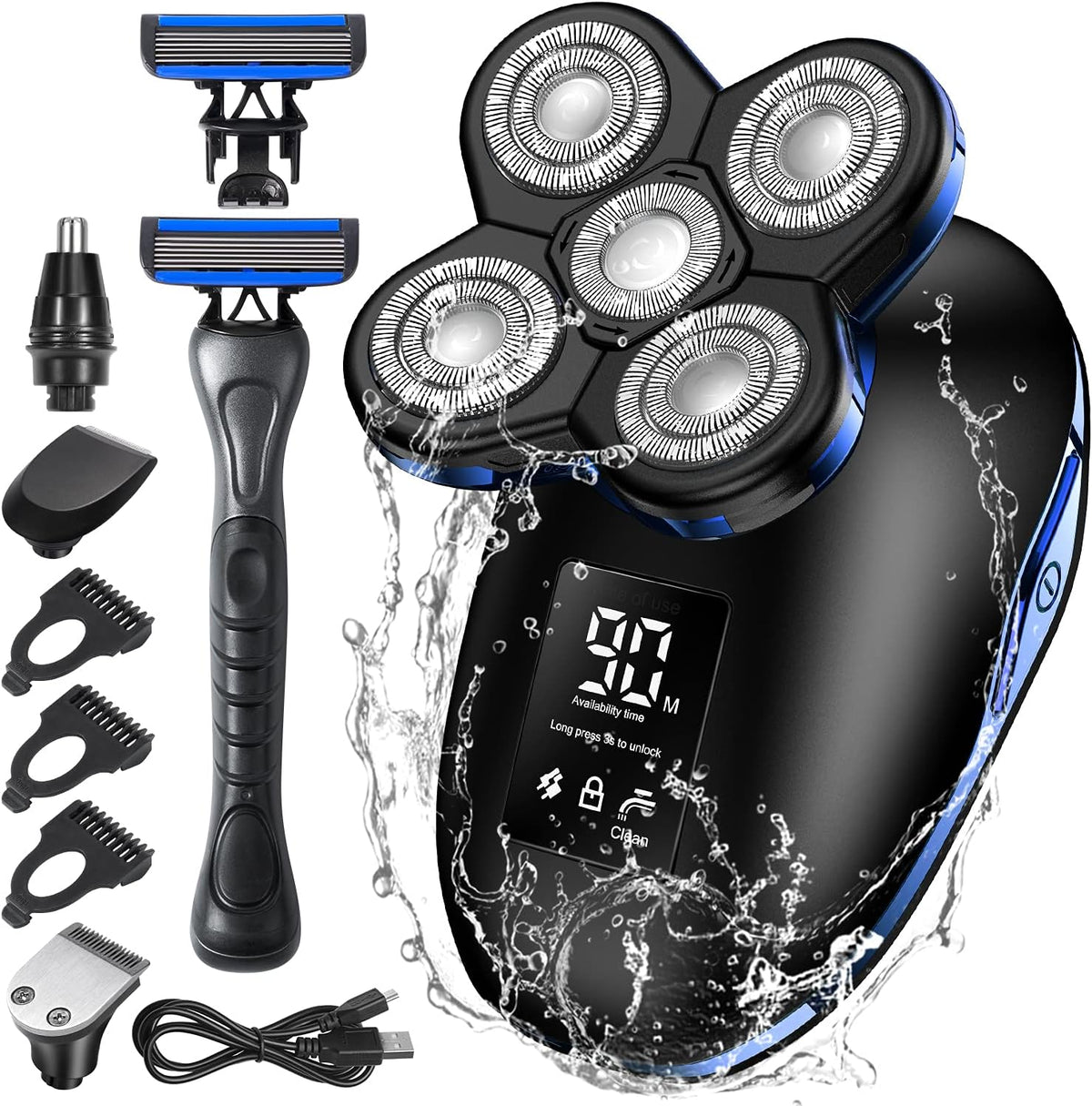 Head Shaver Electric Razor 6D Floating 5 in 1 Wet & Dry Waterproof Bald Head Shaver LED Display Rotary Gold Pack of 2 B42690