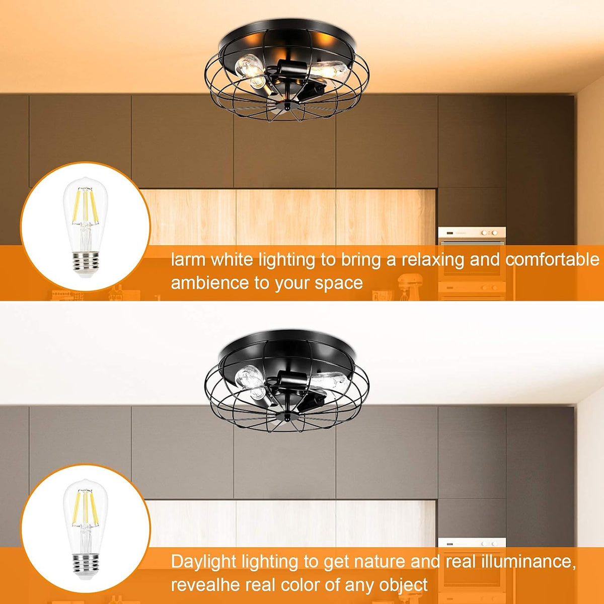 3 Pack Semi Flush Mount Ceiling Light, 3 Lights Metal Cage Light Fixture E13385