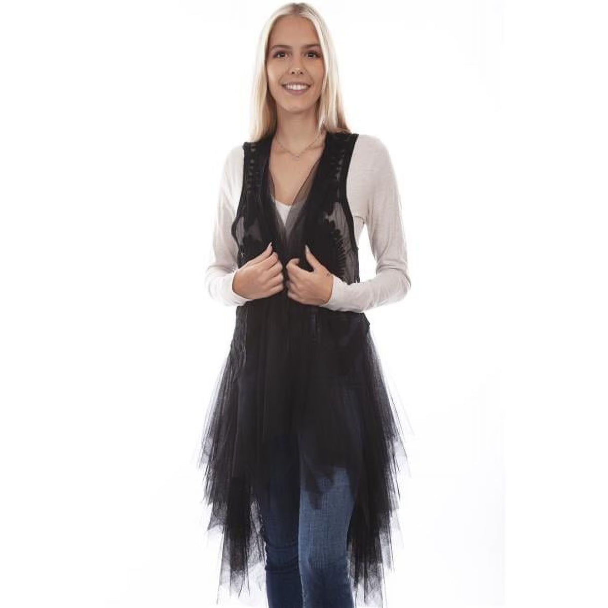 Black Embroidered Tulle Layered Duster T51068
