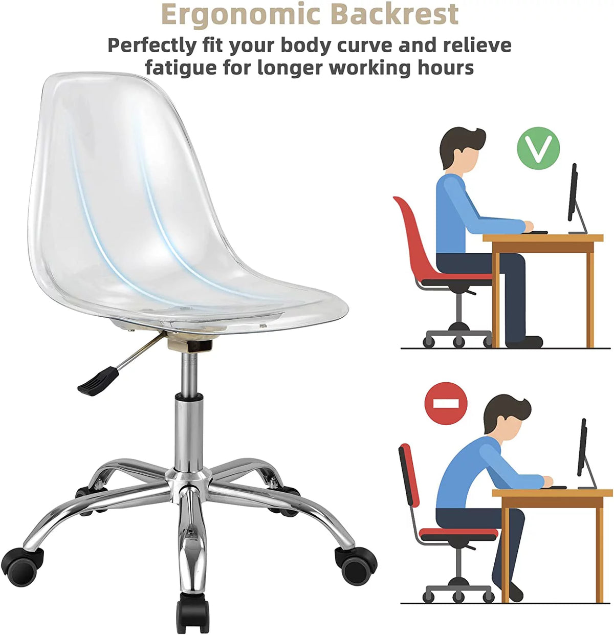 Acrylic Clear Armless Rolling Desk Chair Set of 2 W61883