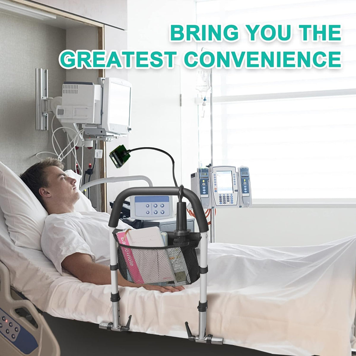 Bed Assist Rail with Fall Prevention Guard, Adjustable Height, Storage Pocket & Tablet Phone Holder, Pack of 2 B596965