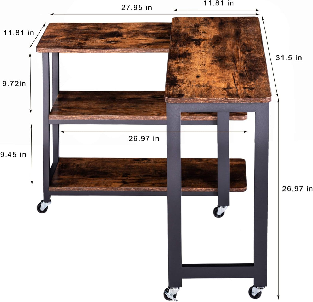 Rustic Brown Mobile Sofa Side Table with 2 Tier Storage Shelves W610